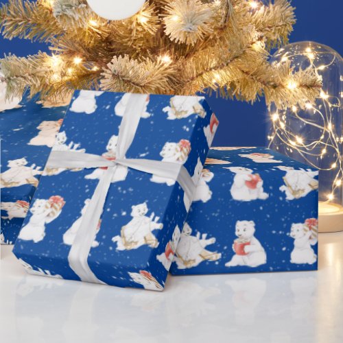 Watercolor Polar Bears In Snowflakes Wrapping Paper