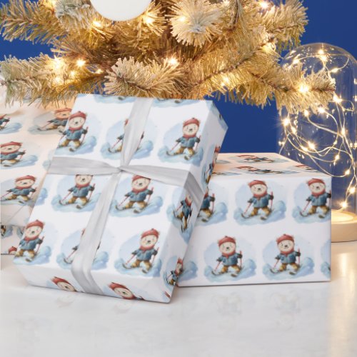 Watercolor Polar Bears Skiing On Snow Wrapping Paper