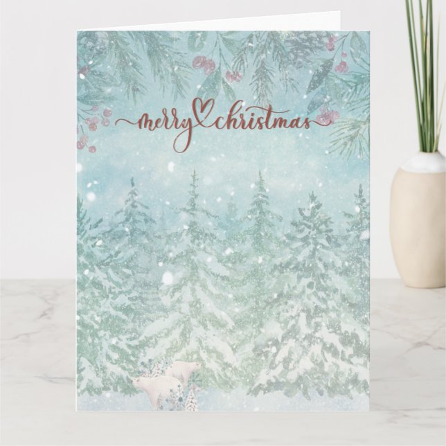 Watercolor Polar Bears Winter Scene Christmas Card (Front)