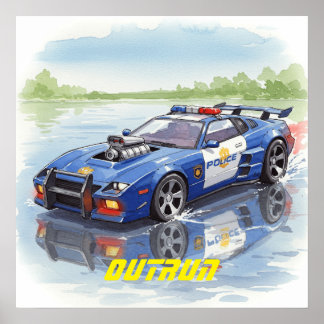 Watercolor Police Car Outrun Poster Wall Art