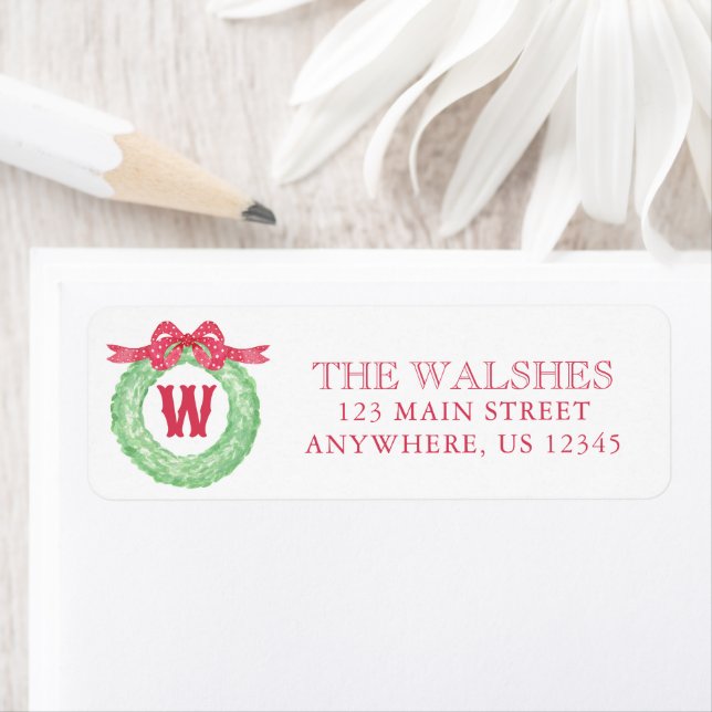 Watercolor Polka Dot Bow Monogram Wreath Address Label (Insitu)
