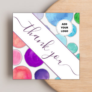 Watercolor Polka Dot Colorful Thank You & Logo  Square Business Card
