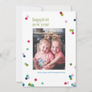 Watercolor Polka Dot Poms New Years Photo Card