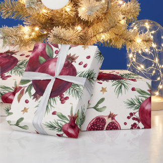 Watercolor Pomegranate Christmas Botanical Pattern Wrapping Paper