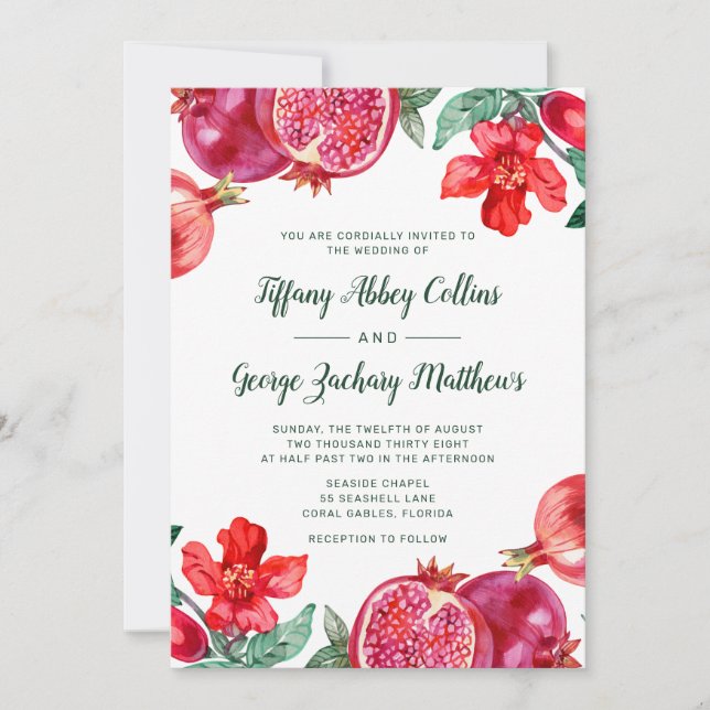 Watercolor Pomegranate Floral Wedding Invitation (Front)