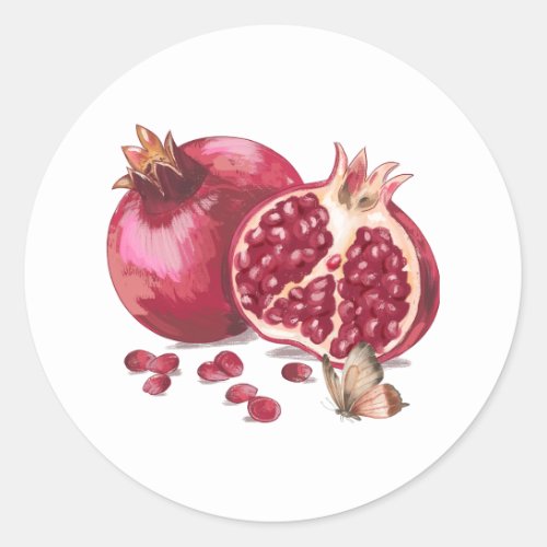 Watercolor Pomegranate Fruit and Butterfly Classic Round Sticker