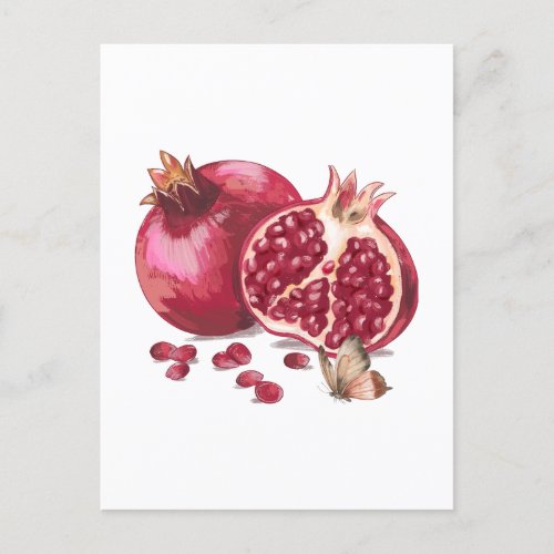 Watercolor Pomegranate Fruit and Butterfly  Postcard