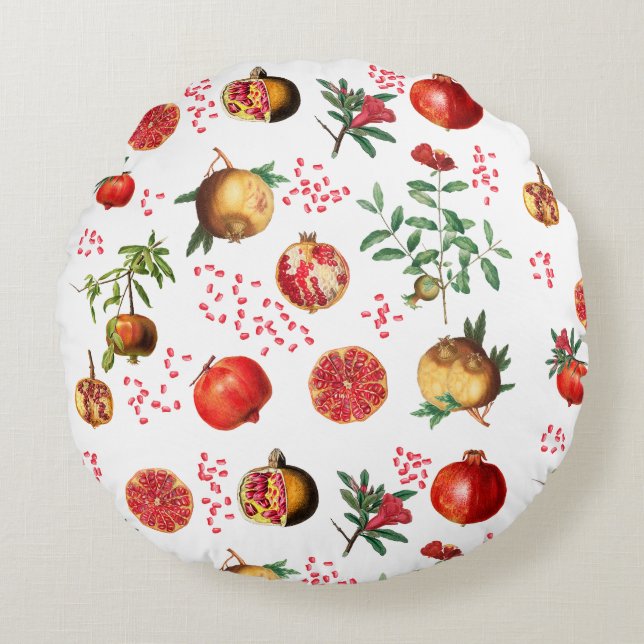 Watercolor Pomegranate Mediterranean Pattern Round Pillow (Front)