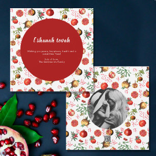 Watercolor Pomegranate Pattern Rosh Hashanah Photo Holiday Card