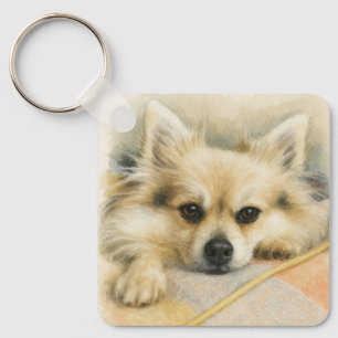 Watercolor Pomeranian Chihuahua Dog Portrait Keychain