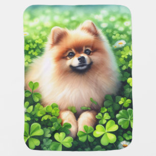 Watercolor Pomeranian Green Shamrock Field Baby Blanket