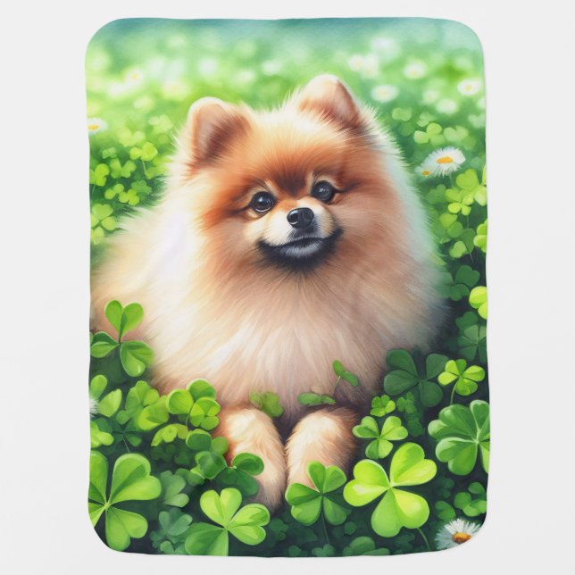Watercolor Pomeranian Green Shamrock Field Baby Blanket (Front)