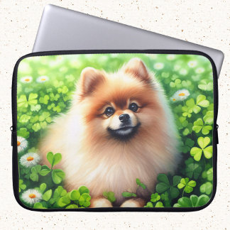 Watercolor Pomeranian Green Shamrock Field Laptop Sleeve