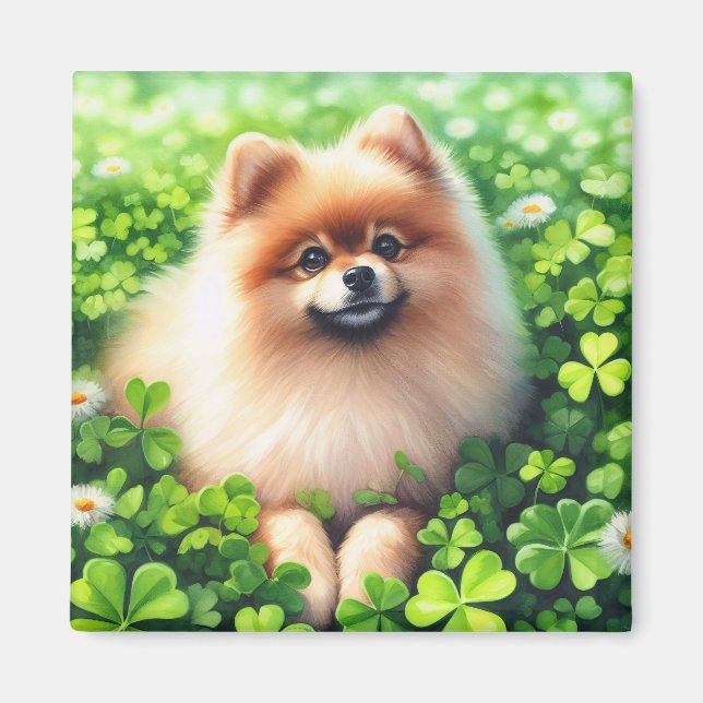 Watercolor Pomeranian Green Shamrock Field Magnet (Front)