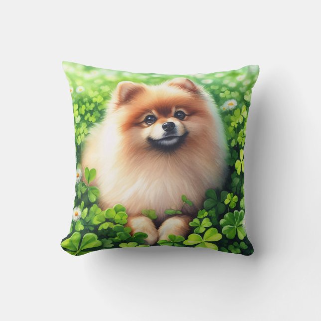 Watercolor Pomeranian Green Shamrock Field Throw Pillow (Front)