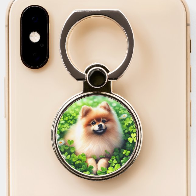 Watercolor Pomeranian Green Shamrocks Phone Ring Stand (Close Up)