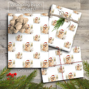 Watercolor Pomeranian in Santa Hat Christmas Wrapping Paper Sheets