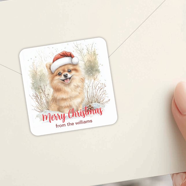 Watercolor Pomeranian in Santa Hat Merry Christmas Square Sticker (Watercolor Pomeranian in Santa Hat Merry Christmas Square Sticker)