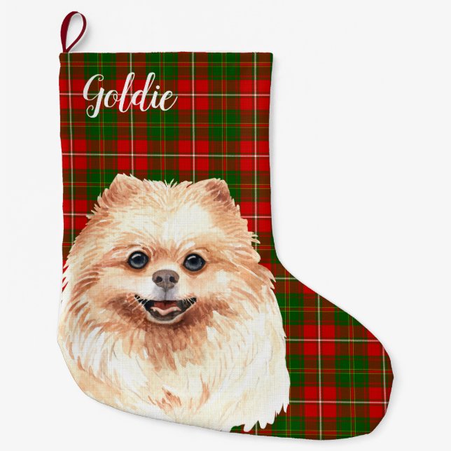Watercolor Pomeranian Personalized Large Christmas Stocking (Front)
