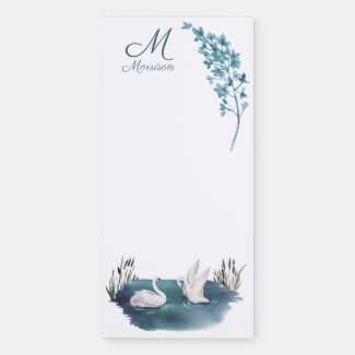 Watercolor Pond and Swans Custom Monogram Name Magnetic Notepad