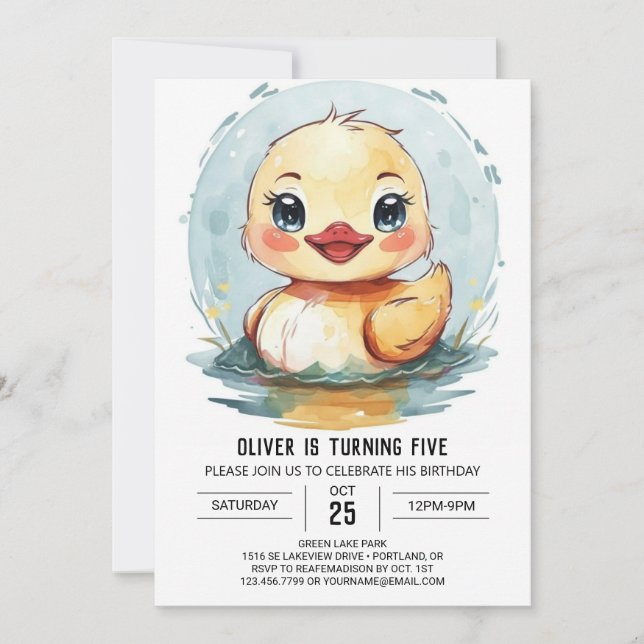 Watercolor Pond Duck Birthday Invitation (Front)