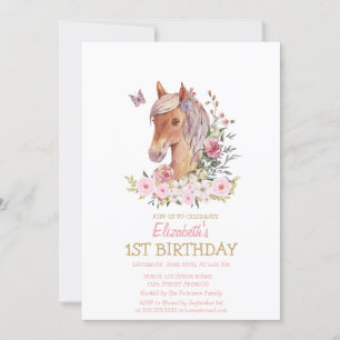 Watercolor Pony Floral Striped Birthday Invitation