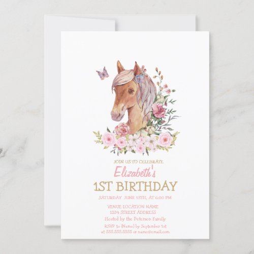  Watercolor Pony Floral Striped Birthday  Invitation