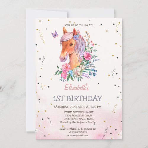 Watercolor Pony Flowers Birthday  Invitation