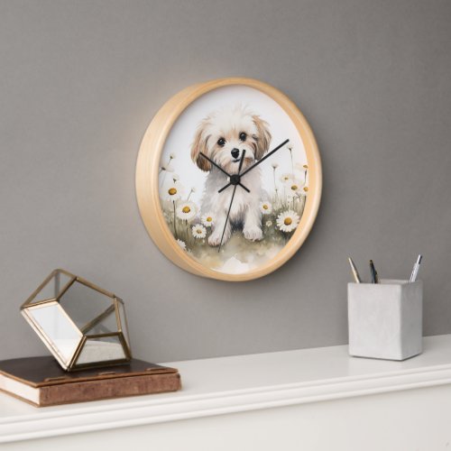 Watercolor Poodle In Daisies Clock