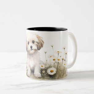 Watercolor Poodle In Daisies Two-Tone Coffee Mug