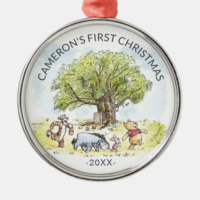 Watercolor Pooh &amp; Pals | Baby&#39;s First Cristmas Metal Ornament