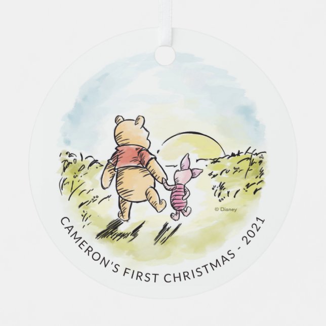 Watercolor Pooh & Piglet | Baby's First Cristmas Metal Ornament (Front)