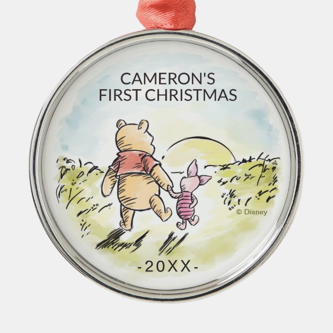 Watercolor Pooh &amp; Piglet | Baby&#39;s First Cristmas Metal Ornament