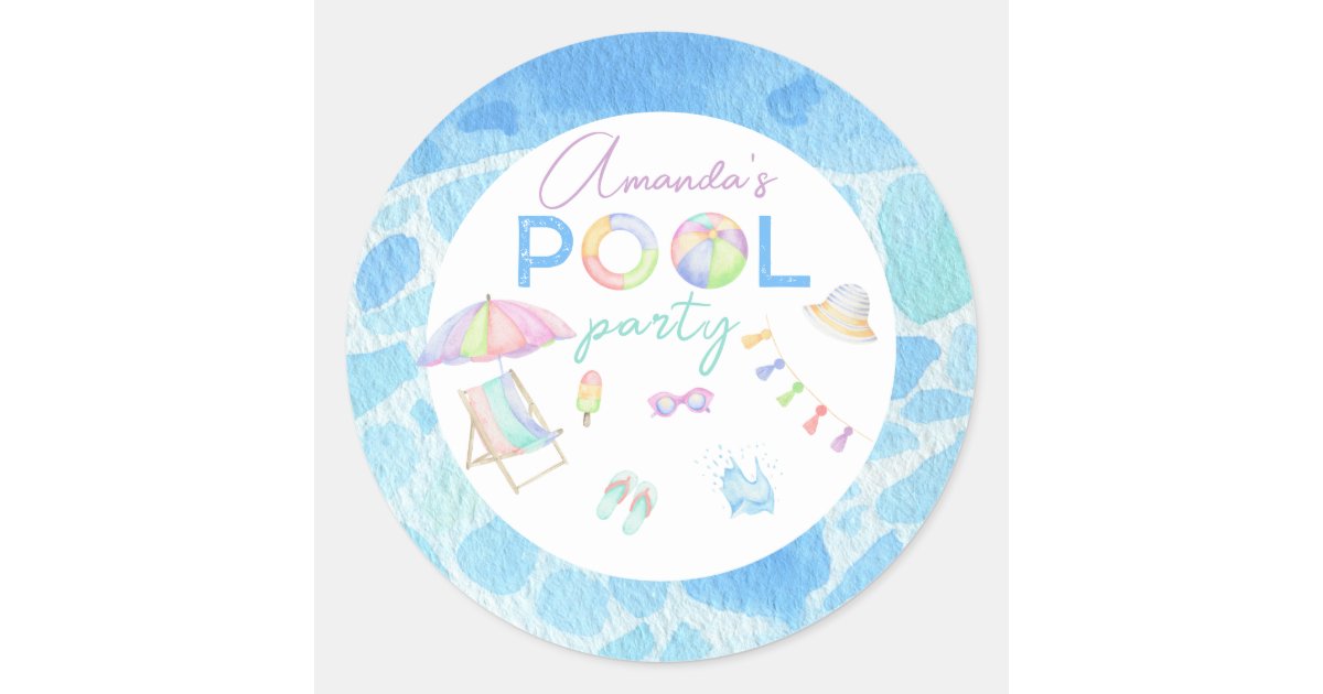 Watercolor Pool Birthday Party Pool Swimming Classic Round Sticker | Zazzle
