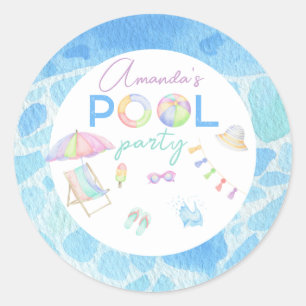 Watercolor Pool Birthday Party Pool Swimming  Classic Round Sticker