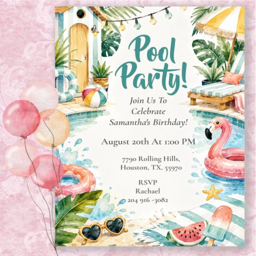 Watercolor Pool Cabana Birthday Party Invitation