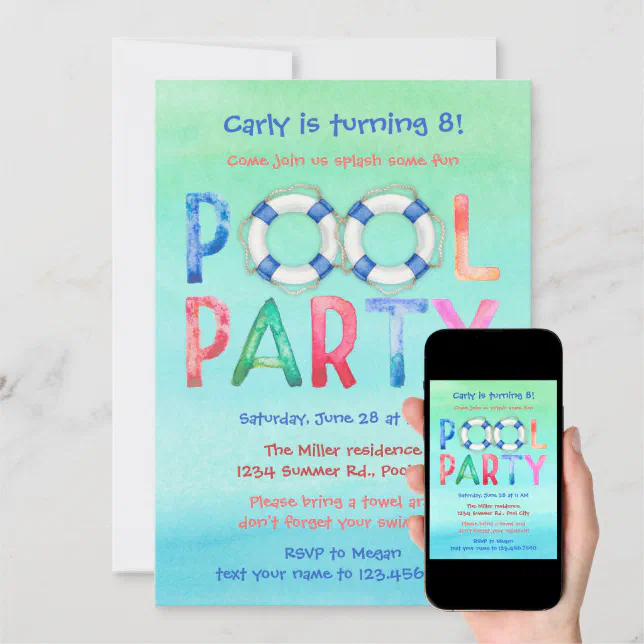 Watercolor Pool Party Birthday Invitation | Zazzle