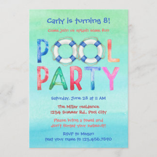 Watercolor Pool Party Birthday Invitation