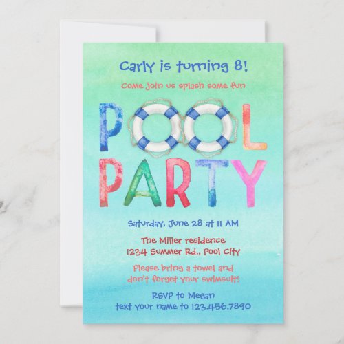 Watercolor Pool Party Birthday Invitation