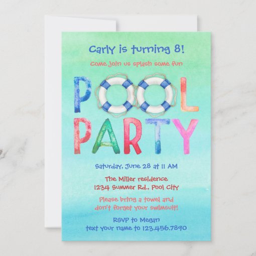 Watercolor Pool Party Birthday Invitation | Zazzle