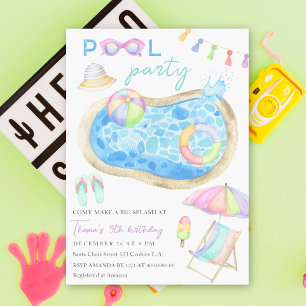Watercolor Pool Party Birthday Invitation