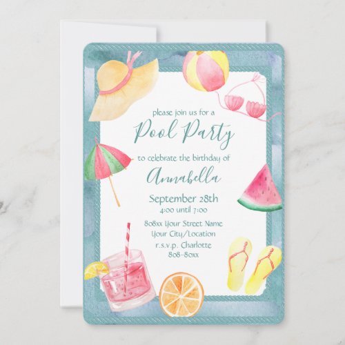 Watercolor Pool Party Invitation
