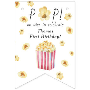 Watercolor Popcorn Kids Birthday Party Bunting Flags