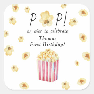 Watercolor Popcorn Kids Birthday Party Square Sticker