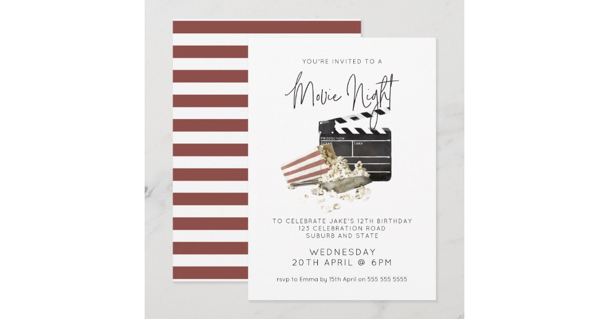 Watercolor Popcorn Movie Night Birthday Invitation | Zazzle
