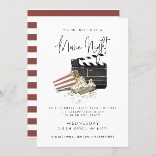 Watercolor Popcorn Movie Night Birthday Invitation