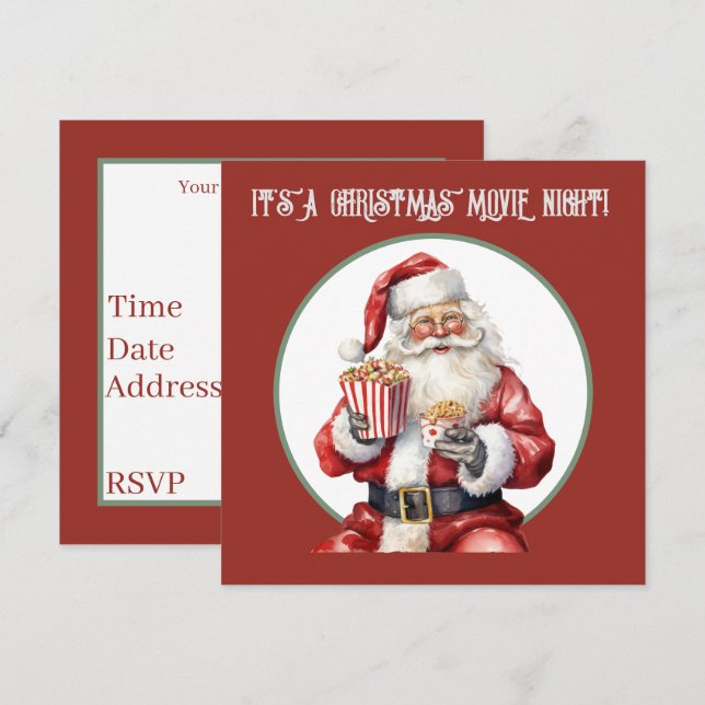 watercolor popcorn Santa movie Invitation (Front/Back)