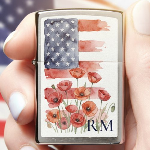 Watercolor Poppies American Flag Monogram Zippo Lighter