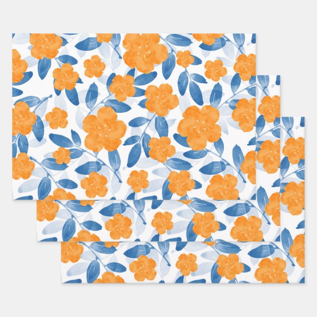 Watercolor poppies and Leaves Pattern Wrapping Paper Sheets (Set)