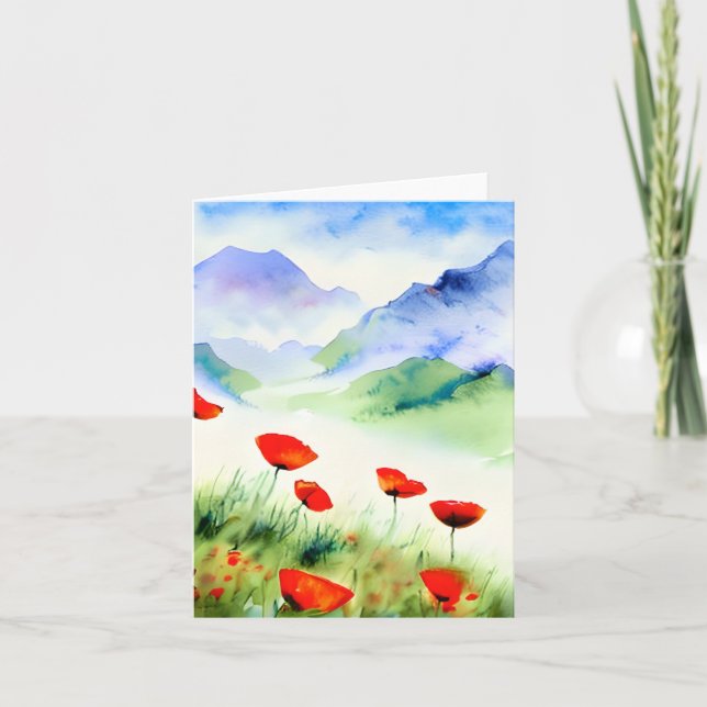 Watercolor poppies and mountain customizable card (Front)